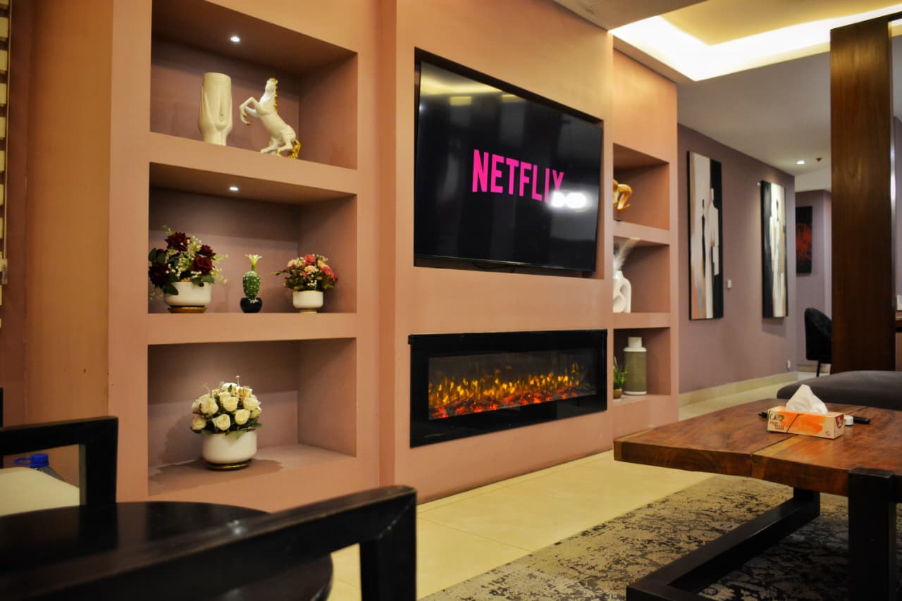 Modern lounge area with fireplace